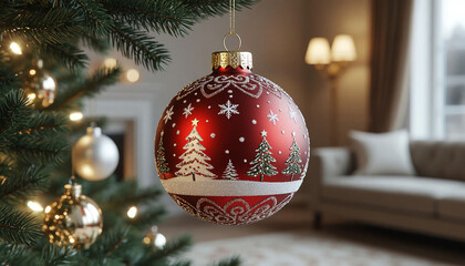 Christmas ball hanging on Christmas tree in living room. 