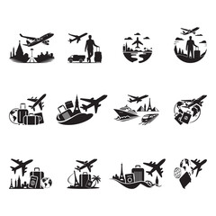 Fototapeta premium Black Color International Travel Journey Concept Silhouette Vector Illustration, Solid White Background.