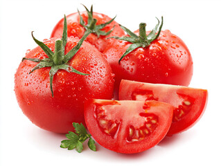 Organic red tomato collection, whole and sliced, seeds visible, isolated on white background