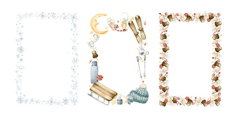 Cute Winter Funs Frames with candy sweets snowflakes. Watercolor hand drawn illustration isolated on white background for kids design Christmas Valentine card baby template nursery holiday print label