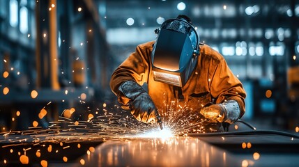 Welding workers operating in industrial factory workshops, showcasing professional welding processes and industrial production atmosphere. Suitable for industrial promotion, safety training materials