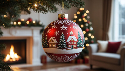 Christmas tree with red bauble on the background of the living room
