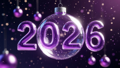 Purple 2026 New Year background with christmas ball. 3D rendering