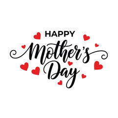 Happy Mother&rsquo;s Day Handwritten Typography with Red Hearts on White Background