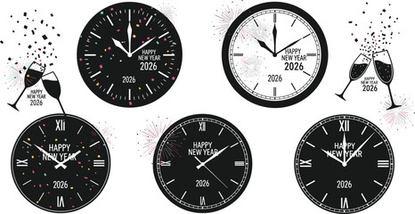 Happy New Year 2026 countdown clock vector, festive celebration design with champagne, confetti, fireworks, greeting layout for holiday, joy, party theme