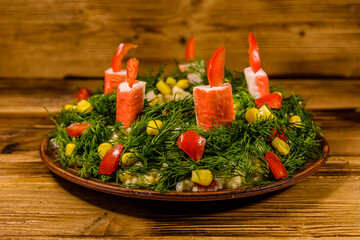 Festive salad in shape of the Christmas wreath. Christmas and new year celebration