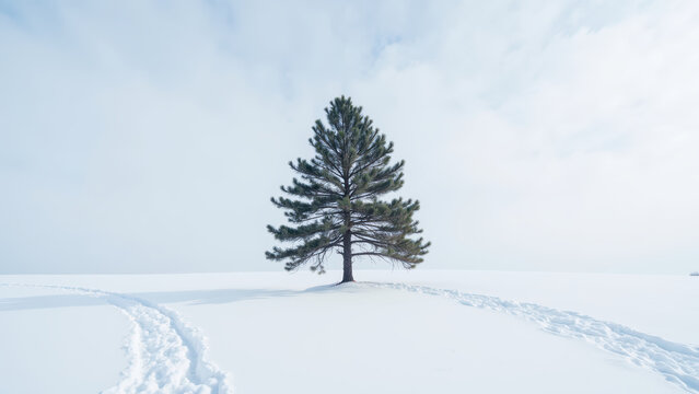 Solitary pine tree stands vast expanse of snow, surrounded by serene winter landscape. soft clouds above create tranquil atmosphere, enhancing - Powered by Adobe