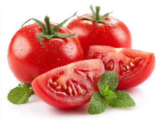 Organic red tomato collection, whole and sliced, seeds visible, isolated on white background