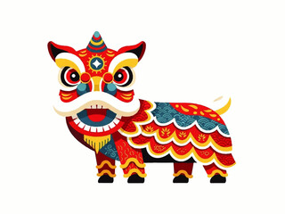 Naklejka premium Vector flat design illustration of a colorful lion dance creature with intricate patterns on a white background.