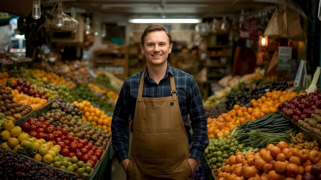 Smiling male vendor standing in colorful fruit vegetable market stall apron fresh produce abundance grocery shop
