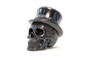 Ornate skull with a top hat, glossy finish, isolated on white background, 32,