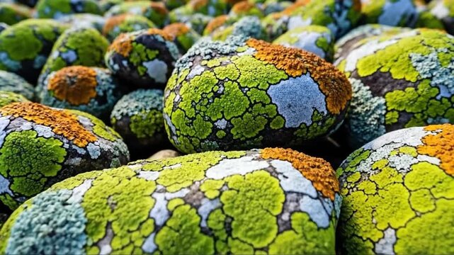 Close-up of textured rocks covered in vibrant green and orange lichen, extreme detail