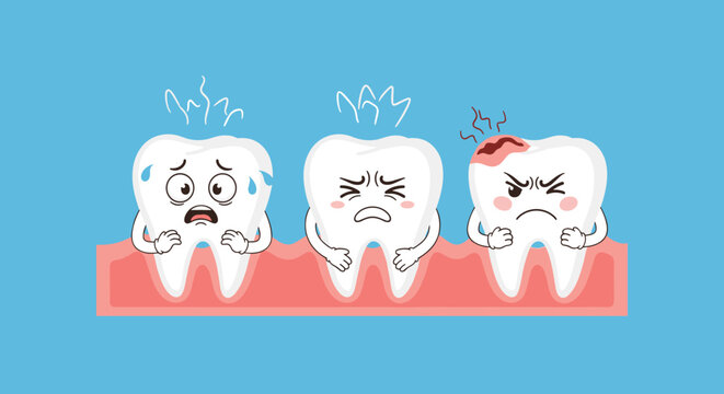 Three cartoon teeth characters on pink gums represent different dental stages including sensitivity, sadness, and tooth decay pain.