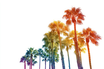 Palm trees waving under a bright rainbow sky, isolated on white background