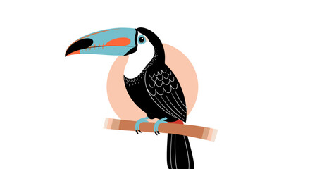 Tropical toucan with a colorful blue and orange beak is perched on a branch in front of a soft pink circular background element.