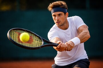 Intense male tennis player hitting a powerful forehand shot during a competitive match