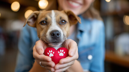 Person adopting pet from shelter, heart prints promoting adoption, animal welfare advocacy, compassionate pet placement, rescue adoption moment, with copy space