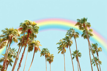 Palm trees waving under a bright rainbow sky, isolated on white background