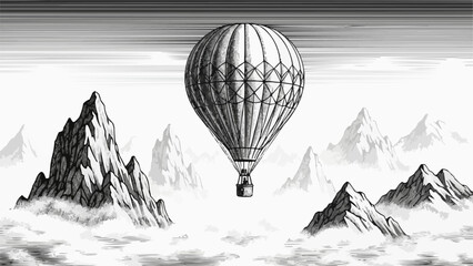 Vintage hot air balloon floats above misty mountain peaks. © Hudah