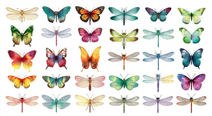 Natural hue vector collection of soft blending butterflies and dragonflies isolated on white background, 72 insects