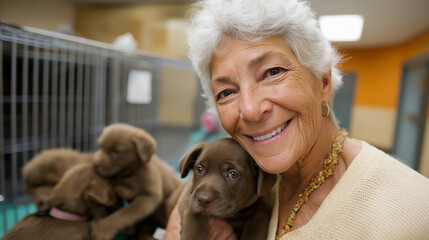Senior woman volunteering animal shelter, playful puppies caring group, lively compassionate setting, fulfillment helping animals, community service dedication, with copy space
