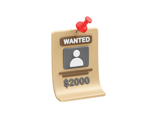 Wanted Poster with Reward and Thumbtack icon 3d render illustration