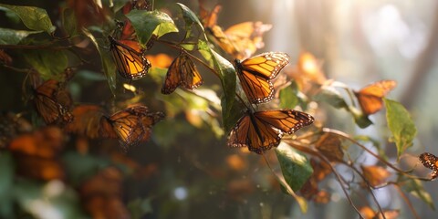 Obraz premium Butterflies gathering on leaves in a natural setting during daylight hours