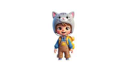 Fototapeta premium Cartoon boy in kitty hat with backpack