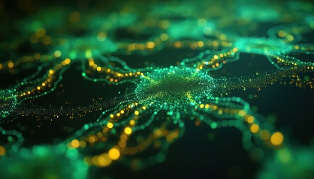 Abstract digital network glowing with green and yellow lights. Shows connections and data flow. Represents AI, data science, and complex systems in tech.