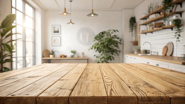 Rustic Wooden Table in a Bright, Modern Kitchen with Plants and Natural Light