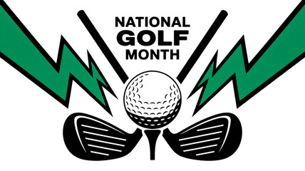 A stylized promotional graphic for National Golf Month with a black and white color scheme accented by green lightning bolt shapes in the corner