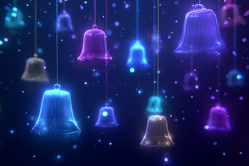 Neon gradient bells floating over festive sparkling background