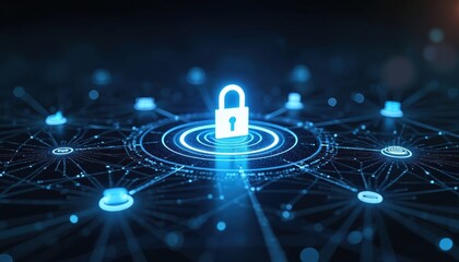 Digital padlock graphic shows secure data network. Abstract futuristic concept of cybersecurity and digital protection. System safeguards sensitive info online.