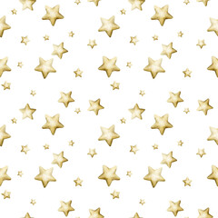 Cute golden stars seamless pattern on white background. Watercolor hand drawn isolated illustration for baby nursery textile kids fabric Muslim holiday Ramadan design print wrapping paper Eid Mubarak