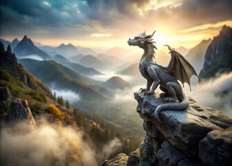 Fototapeta premium Majestic Grey Dragon, Misty Valley, Fantasy Landscape, Tilt-Shift Photography