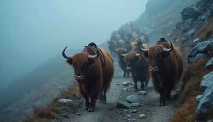 Shaggy yaks with large horns walk on a misty mountain path. The herd moves together on a rough rocky trail. Animals carry packs in a remote high altitude landscape.