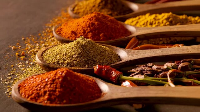 Wooden spoons filled with colorful spices turmeric paprika cumin coriander chili powder variety assortment