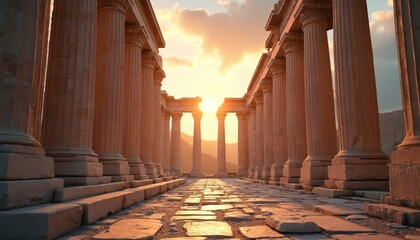 Ancient Greek temple interior with stone columns, stone floor, and sun rays breaking through cloudy sky. Majestic marble structure shows classical architecture, ancient heritage and civilization.