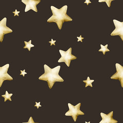 Cute golden stars seamless pattern on dark background. Watercolor hand drawn isolated illustration for kids Ramadan