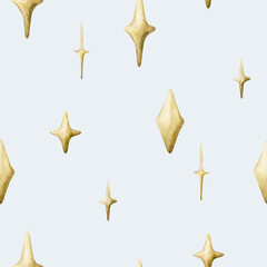 Cute golden sparkles twinkles seamless pattern blue background Watercolor hand drawn isolated illustration kids Ramadan