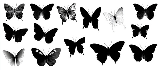 Old-style butterfly silhouettes with soft shading isolated on white background