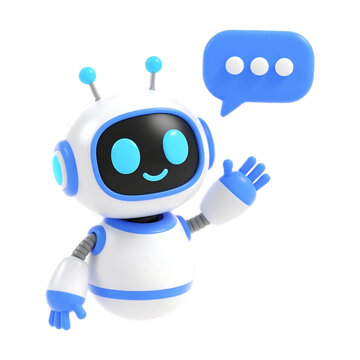 Charming 3d robot character waving with a speech bubble perfect for digital designs on transparent background