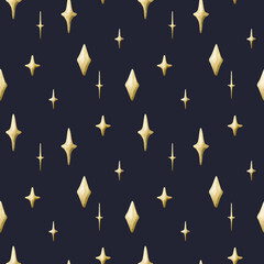 Cute golden sparkles twinkles seamless pattern dark blue background Watercolor hand drawn isolated illustration Ramadan