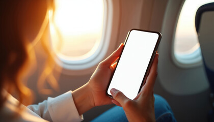 Person holds blank screen smartphone in airplane cabin looking out window. Flight passenger uses mobile device during journey. Blurred background shows sky.