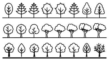 a minimalistic illustration depicts a series of diverse trees arranged in three horizontal rows showcasing varying crown shapes and foliage styles high quality professional detailed modern