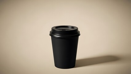 A black disposable coffee cup on a beige background with a shadow