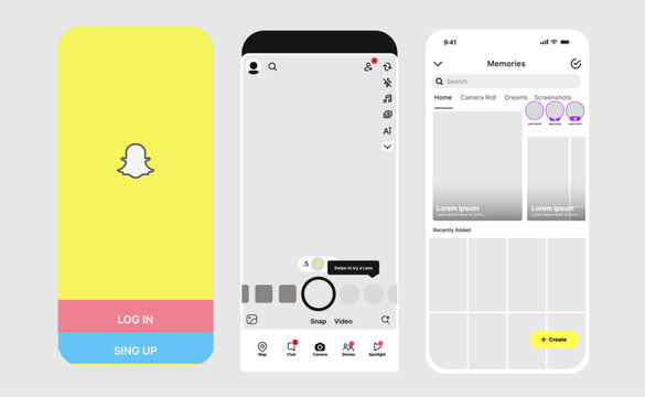 Snapchat Mobile App Mockup Set. Snapchat Logo, Screens and Buttons. Social Media and Social Network Interface Template. Vector Illustration, Editorial Use