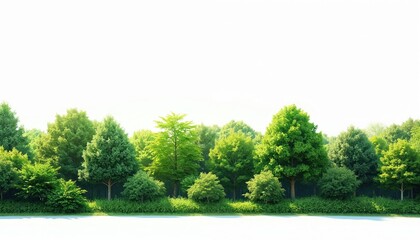 Obraz premium Line of diverse green trees and bushes with lush foliage create natural border. A bright white background isolates woodland elements for use in design.