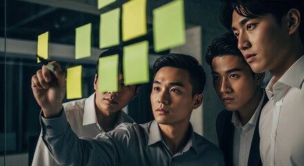 Three men in business attire analyzing sticky notes on a glass board in a modern office setting