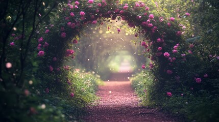 Experience the enchanting path of nature, lush greenery, vibrant wildflowers filtered daylight, creating serene and harmonious atmosphere for tranquility and relaxation during your outdoor exploration